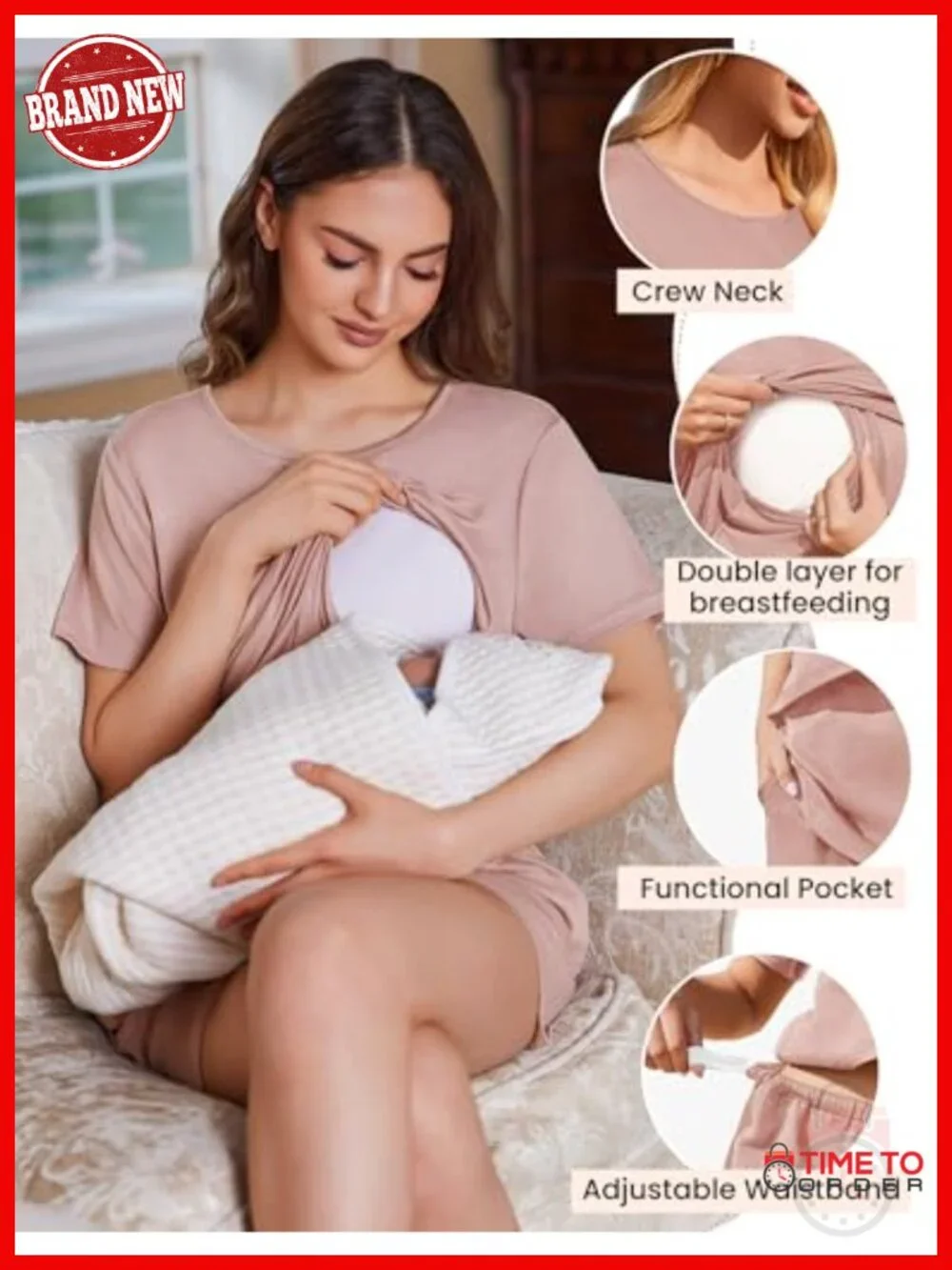 2 Pack Maternity Nursing Pajama Set with Double Layer Tops & Shorts